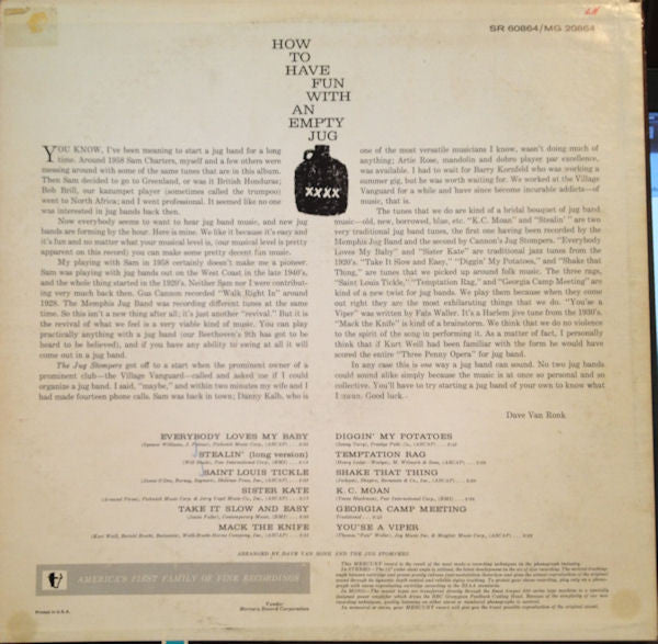 Dave Van Ronk With The Ragtime Jug Stompers - Ragtime Jug Stompers (LP) (Very Good (VG)) USED